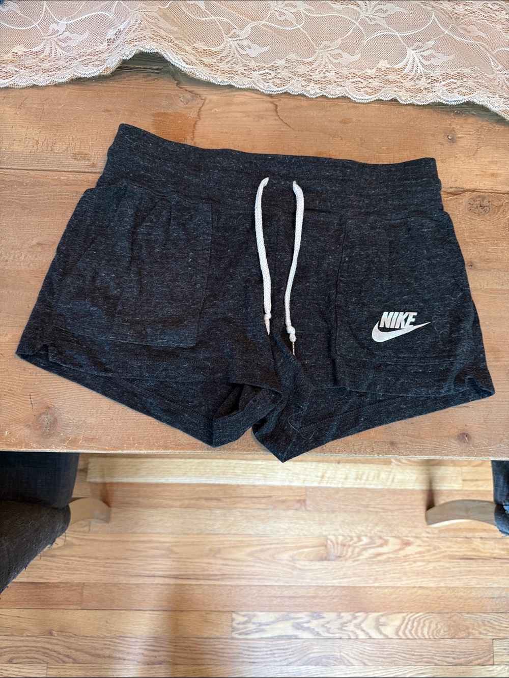 Nike Women's Charcoal Black Athletic Lounge Shorts with White Drawcord